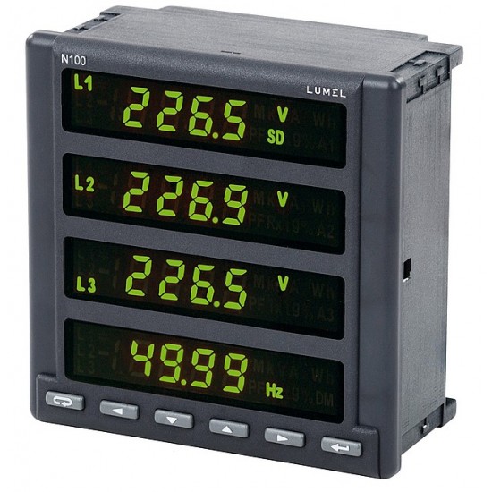 Analizor Lumel N100-11000E0, 3x57.7/100 V, intrare impuls, iesiri: 3 relee, analogica, impuls, RS485, RTC