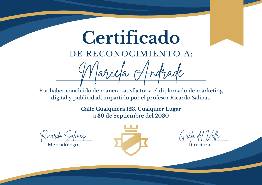 Certificado de Reconocimiento Moderno Azul y Dorado Certificări