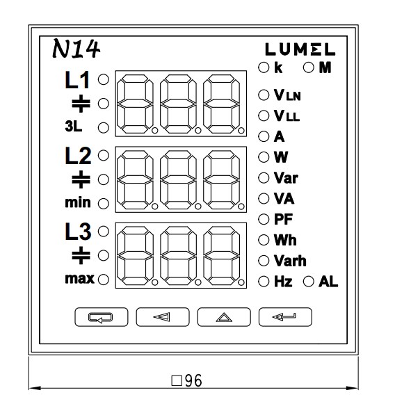 Aparat monitorizare Lumel N14-12008, 1 A, 3x230/400 V, iesiri releu, impuls, RS485 1 3x400/690 V