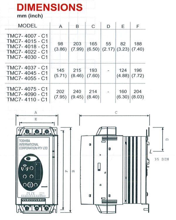 Softstarter Toshiba TMC7‐4018‐C1, 18.5 kW, 36 A, (HD) / 42 A, (ND), 3x230 V si 3x400 V 8 (ND)